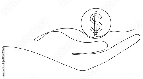 Hand holding coin cent continuous one line drawing art. Dollar linear symbol. Savings money concept. Vector isolated on white.