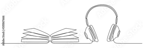 Book with headphones continuous line drawing. Audio reading linear concept. Audiobook symbol. Vector illustration isolated on white.	