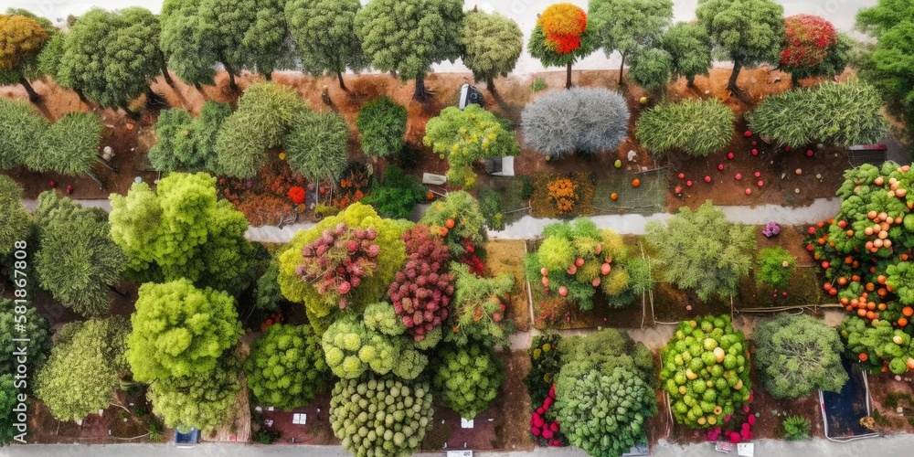 Top view farm for agriculture with lots of land and many fruit and vegetable trees Generative AI Illustration
