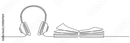 Book with headphones continuous line drawing. Audio reading linear concept. Audiobook symbol. Vector illustration isolated on white.	