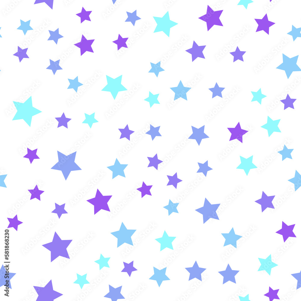 Seamless repeating pattern of blue, purple and turquoise stars on white background for fabric, textile, papers and other various surfaces Seamless repeating pattern of blue, purple and turquoise stars on white background for fabric, textile, papers and other various surfaces