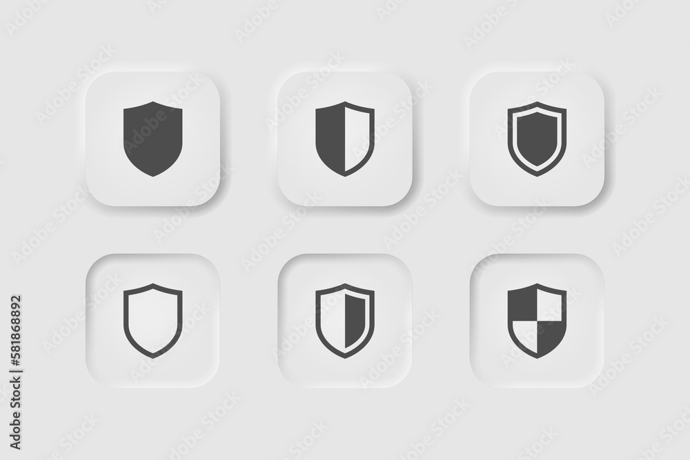 Shiels icon in neumorphism style. Icons for business, white UI, UX. Protect symbol. Security, firewall, safety. Neumorphic style. Vector illustration. Shiels icon in neumorphism style. Icons for business, white UI, UX. Protect symbol. Security, firewall, safety. Neumorphic style. Vector illustration.
