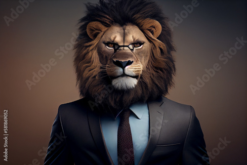 Lion with a chic mane in a business suit. AI Generated