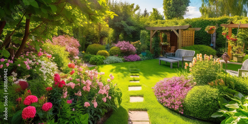 A backyard garden with bright and beautiful plant life in the outdoor sun