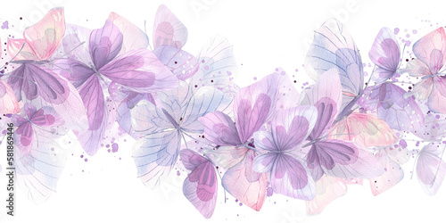 Pink, lilac and blue butterflies, gentle, airy, flying. Watercolor illustration. Seamless border on a white background. For decoration and design of posters, wallpapers, postcards, fabrics, textiles
