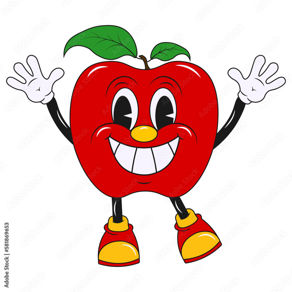 Cartoon vector comic character fruit, red apple with happy smiling face