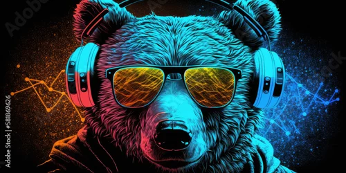 Fototapeta miś DJ w słuchawkach i okularach przeciwsłonecznych, wygenerowane przez AI