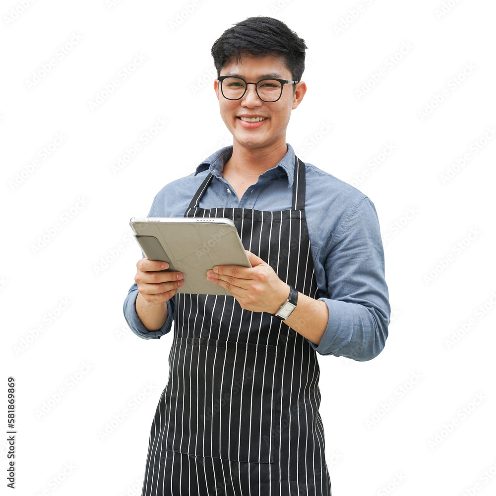 close up asian man use digital tablet to receive order from customer and smile isolated on transparent background for png design and SME business concept close up asian man use digital tablet to receive order from customer and smile isolated on transparent background for png design and SME business concept