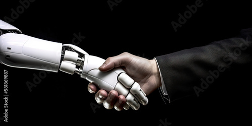 A robot and human shaking hands to represent collaboration with generative artificial intelligence