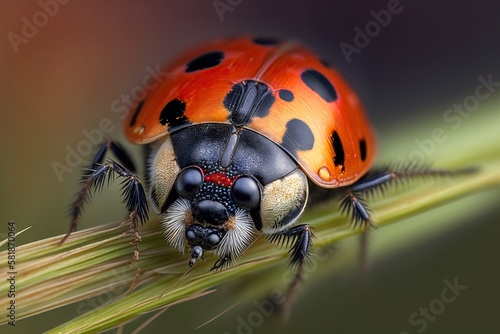 Macro shot of a ladybug crawling on a blade of grass with the vibrant red and black colors, created with Generative AI technology