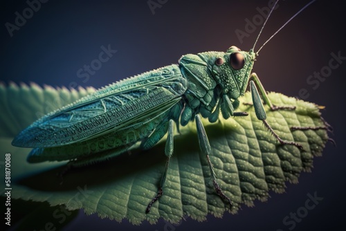 Macro shot of a grasshopper perched on a leaf with details of the insect and the texture of the leaf, concept of Close-up Photography and Focus Control, created with Generative AI technology © tookitook