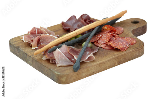 Appetizers boards with assorted meat and salami. Charcuterie platter. Isolated on a wooden board