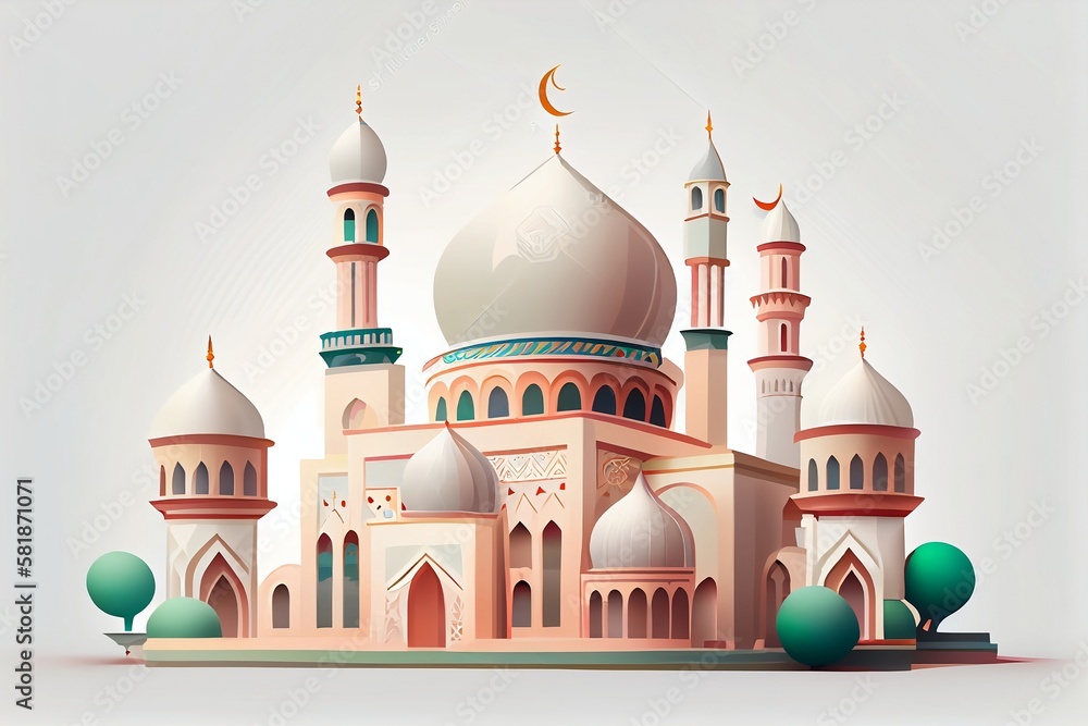 Flat illustration of a mosque, Mosque isolated cartoon style, Ramadan Kareem, cartoon style, Generative AI