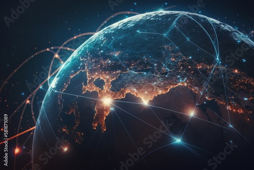 Worldwide network background, Earth network connection tehnology background, wallpaper planet Generative AI