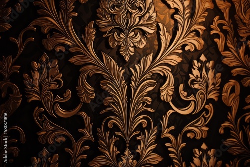 Golden damask pattern on a dark background ideal for decoration and wallpaper, generative AI