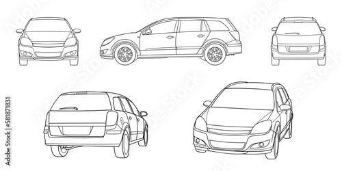 Set of classic station wagon. Different five view shot - front, rear, side and 3d. Outline doodle vector illustration