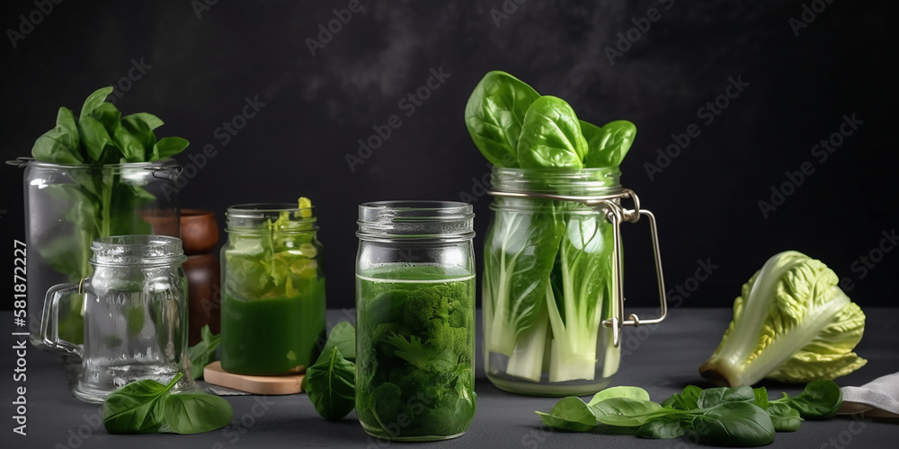 Fresh spinach and herbs in glass jars on a dark table, showcasing ingredients for healthy cooking. Fresh spinach and herbs in glass jars on a dark table, showcasing ingredients for healthy cooking.