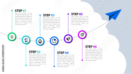 Infographic template. Paper plane with timeline and 6 steps