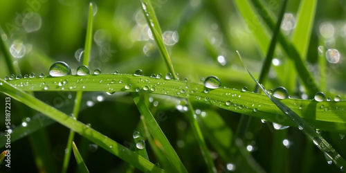 Close-up of fresh dew drops on vibrant green grass, ideal for nature backgrounds or environmental themes.