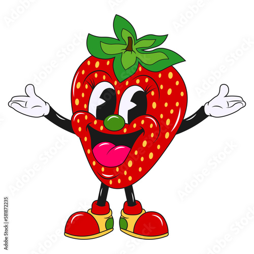 Cartoon vector comic character fruit, red strawberry with happy smiling face in retro style,funny, crazy colorful flat style character. Vector illustration of fruit in trendy vintage style.