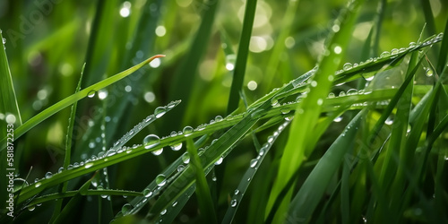 Fresh dew on lush green grass with close-up on water droplets, conveying freshness and natural purity.