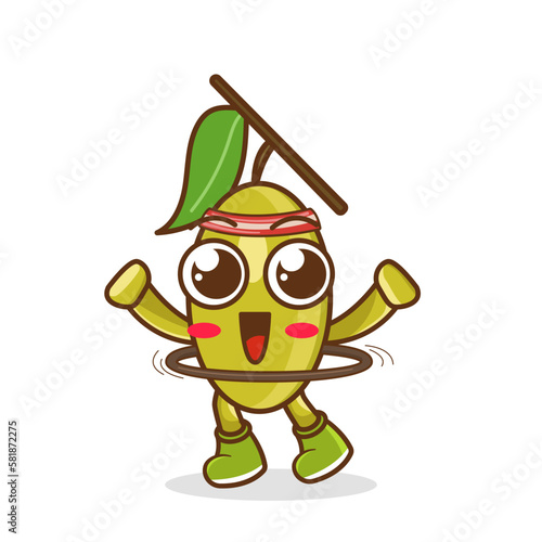 cute olive cartoon is playing hula hoop. olive rotates the hula hoop on white background. Sport concept.