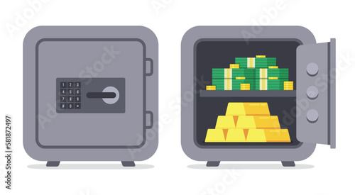 Closed bank safe and open safe with money and gold bars. Vector.