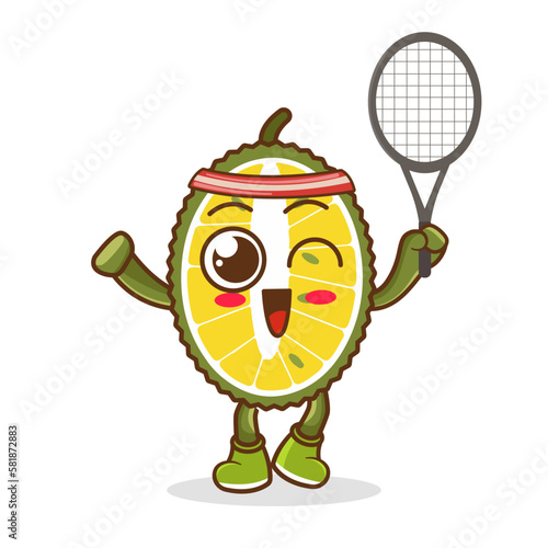 durian cartoon playing badminton illustration. character vector