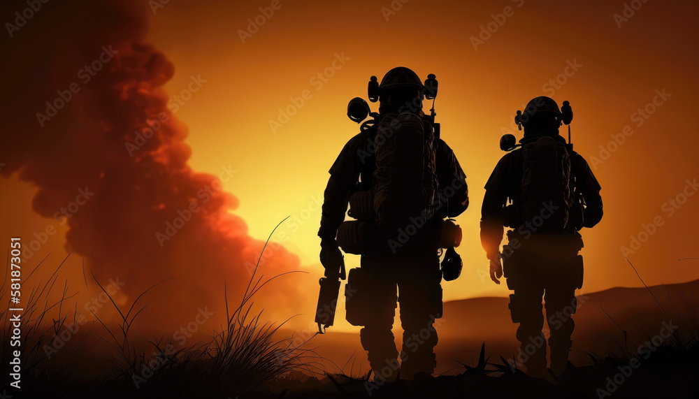Illustration of firefighters silhouette with cinematic light created with Generative AI technology