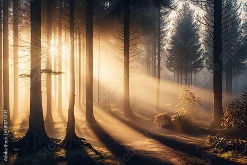 Panoramic view of a misty forest at sunrise with the warm glow of the sun shining through the trees and casting long shadows, concept of Dawn and Nature, created with Generative AI technology © tookitook