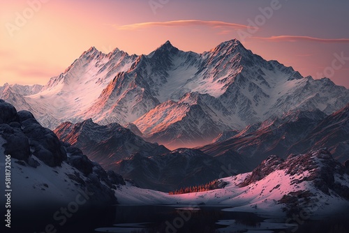 Panoramic view of a snowy mountain range at sunrise with the pink and orange hues of the sky casting a warm glow over the landscape, created with Generative AI technology