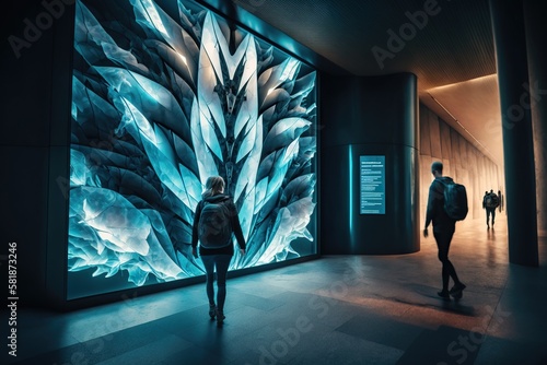 Public building with a dynamic and kinetic design featuring moving elements changing lights that create an immersive and interactive experience for visitors, created with Generative AI technology