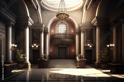 Public building with a grand and imposing lobby creating a dramatic and memorable first impression, concept of Impressive Architecture and Monumental Entrance, created with Generative AI technology