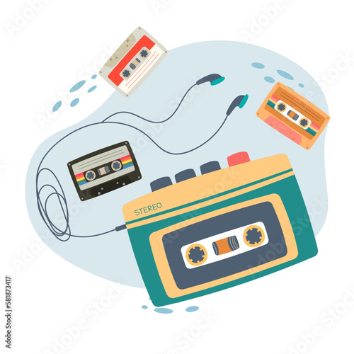 walkman with headphones and cassette of nineties retro. vector illustrator