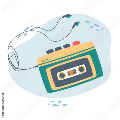 walkman with headphones and cassette of nineties retro. vector illustrator photo