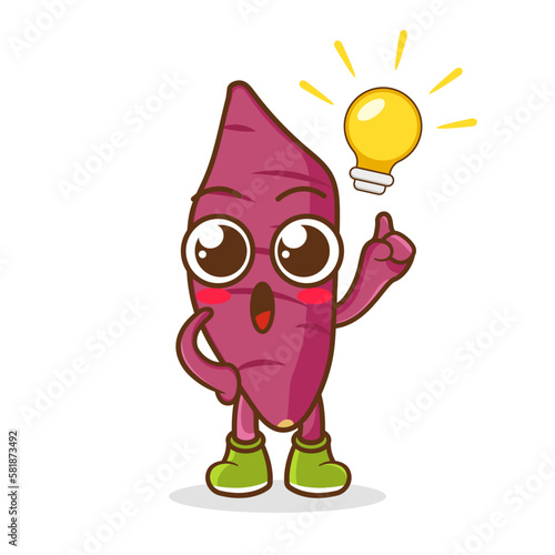 Have an Idea Happy sweet potato Character Cartoon Mascot. Happy sweet potato Pointing Finger Up at The Light Bulb
