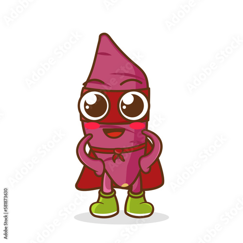 Cute happy super hero sweet potato, superhero costume, mask and cloak. Vector concept illustration in a flat style for a healthy eating and lifestyle.