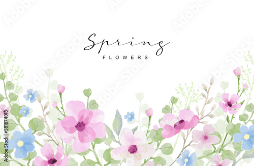 Spring floral watercolor frame. Cute horizontal border with hand drawn blooming flowers and leaves. Vector illustration isolated on white background