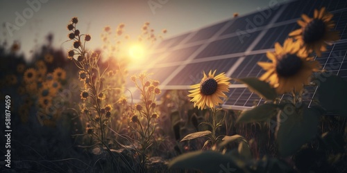 renewable energy background with photovoltaic energy as big solar panels in sunflowers field. generative ai.
