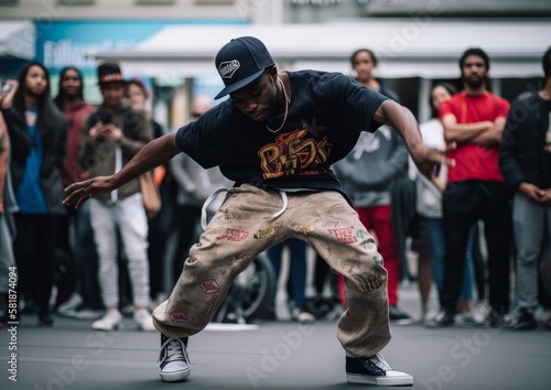 Young black man breakdancing at the street. Generative AI.