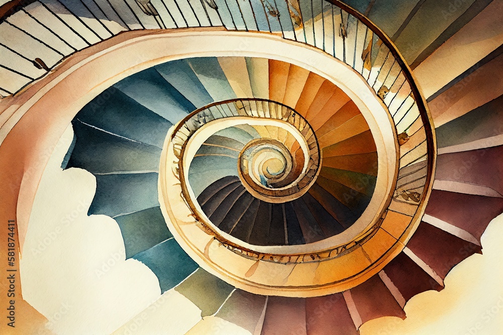 Fototapeta premium Watercolor Illustration of a Spiral Staircase Perspective. Art. Generative AI