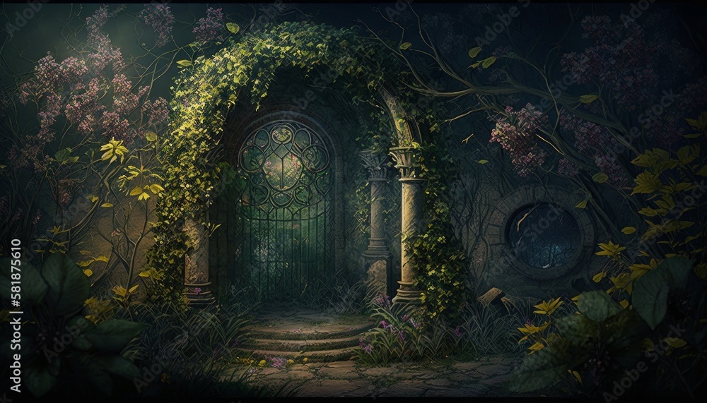 Gothic fantasy garden with arch, gate, stairs and flowers. Generative AI