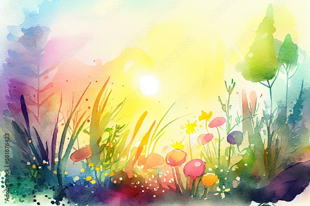 Watercolor Illustration of a Fantastic Easter, Spring And Summer Meadow With Soft Bokeh And Sunshine. Generative AI