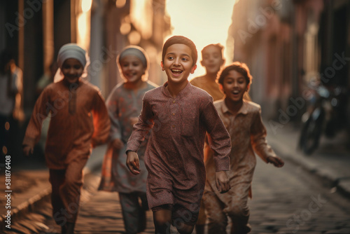 A group of children, dressed in colorful new clothes, run and play together while celebrating the joyous occasion of Eid al-Fitr.