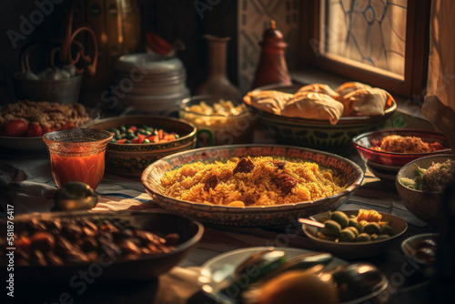 A table filled with a variety of traditional Ramadan dishes  including dates  sweets  and savory dishes. Delicacies  such as shawarma  hummus  and falafel  are artfully arranged on the table.