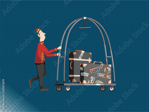 Bell Boy with Uniform Carrying Luggages with Trolley