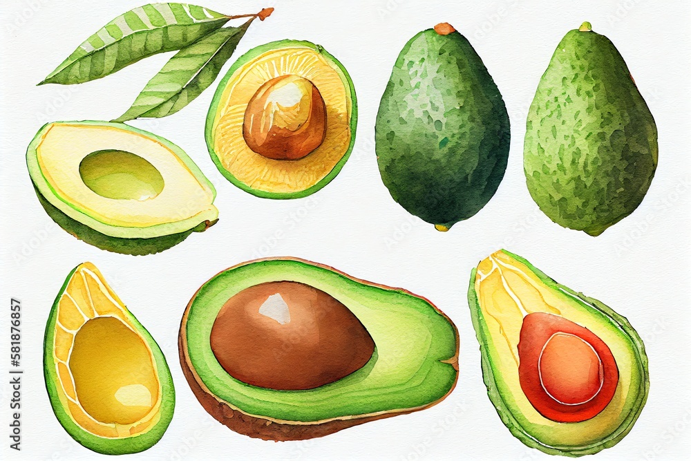 Watercolor Illustration of a Delicious Avocado Fruits Cut Out. Based On. Generative AI Watercolor Illustration of a Delicious Avocado Fruits Cut Out. Based On. Generative AI