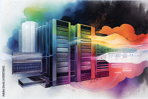 Watercolor Illustration of a Data Center And Computer Servers With Information Background. Image Illustration. Generative AI