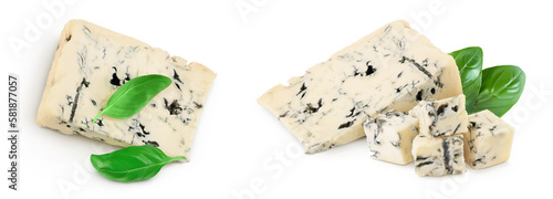 Blue cheese gorgonzola isolated on white background with full depth of field. Top view. Flat lay. photo