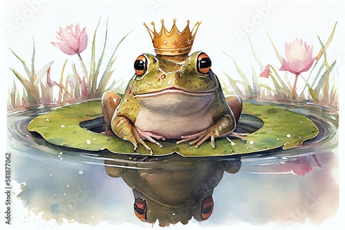 Fotografiet Watercolor Illustration of a Cute Frog Wearing A Crown On A Lily Pad In The Middle Of A Pond